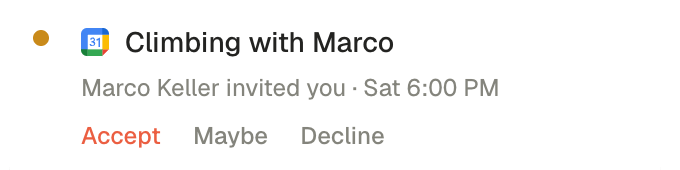 A real ask from the operator rail: a calendar invite with its source line and Accept, Maybe, Decline actions
