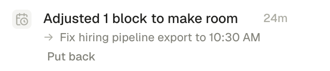 A real entry from the Turbine handled feed: an adjusted block with its reason and a Put back undo link